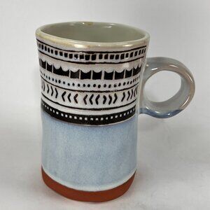 Meritage Stoneware Pottery Coffee Cup Mug Blue Tint Geometric Earthenware 16 oz